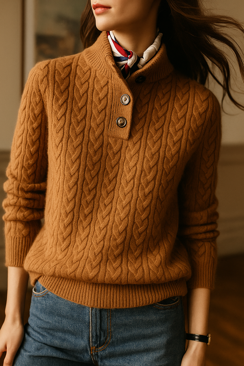 Amelia Wool Blend Cable Knit Sweater – Button Stand-Collar Slim-Fit Pullover