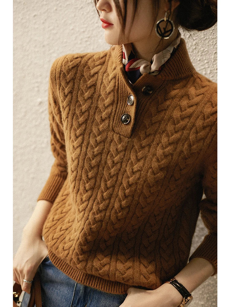 Amelia Wool Blend Cable Knit Sweater – Button Stand-Collar Slim-Fit Pullover