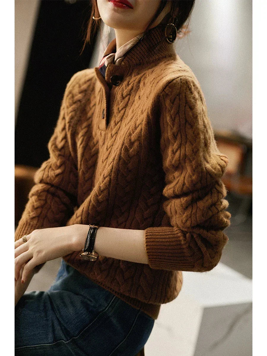 Amelia Wool Blend Cable Knit Sweater – Button Stand-Collar Slim-Fit Pullover