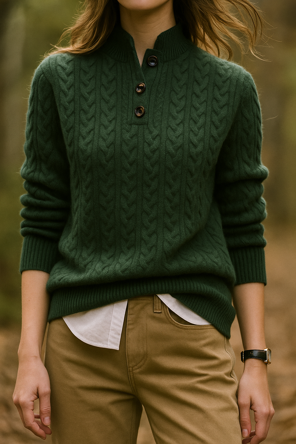 Amelia Wool Blend Cable Knit Sweater – Button Stand-Collar Slim-Fit Pullover