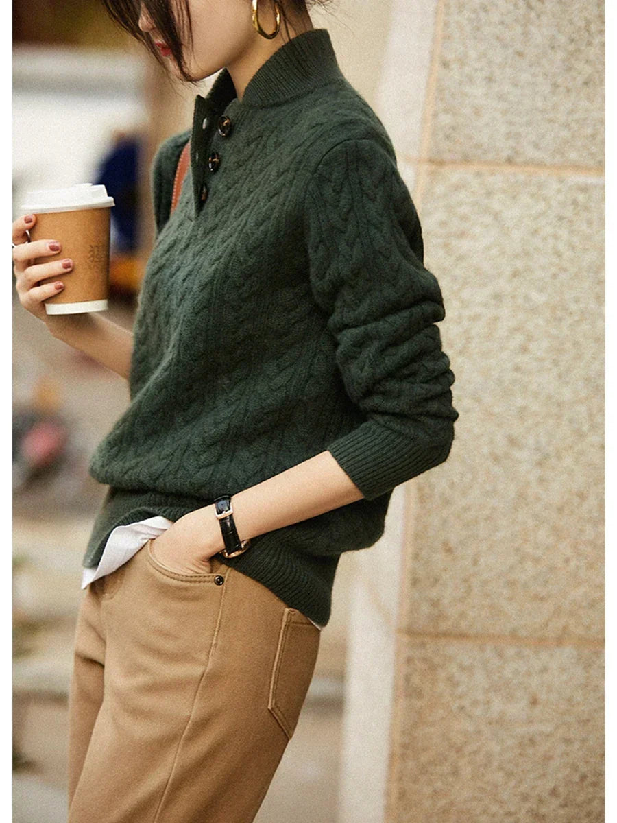 Amelia Wool Blend Cable Knit Sweater – Button Stand-Collar Slim-Fit Pullover