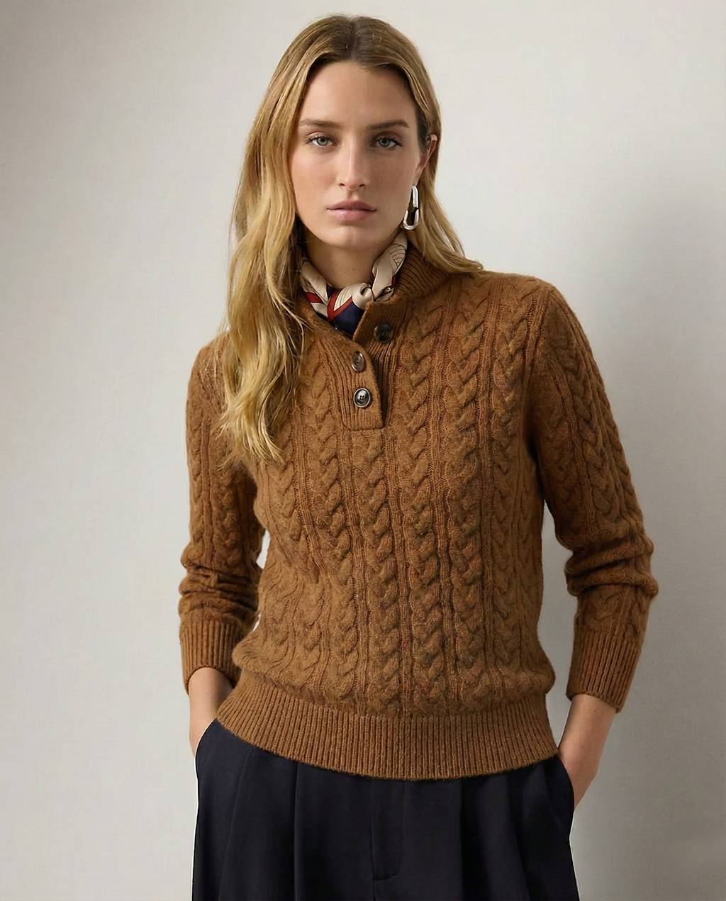 Amelia Wool Blend Cable Knit Sweater – Button Stand-Collar Slim-Fit Pullover