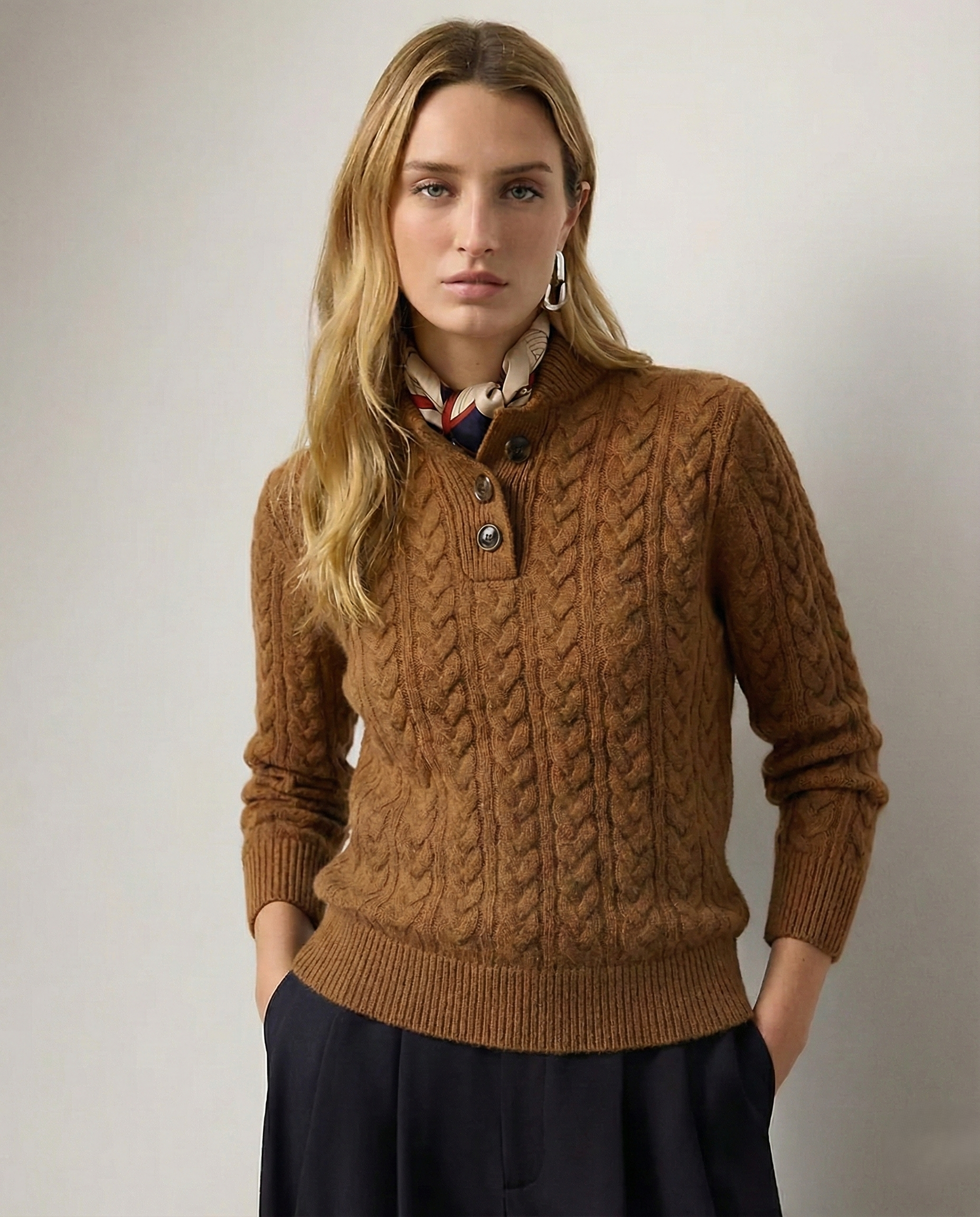 Amelia Wool Blend Cable Knit Sweater – Button Stand-Collar Slim-Fit Pullover