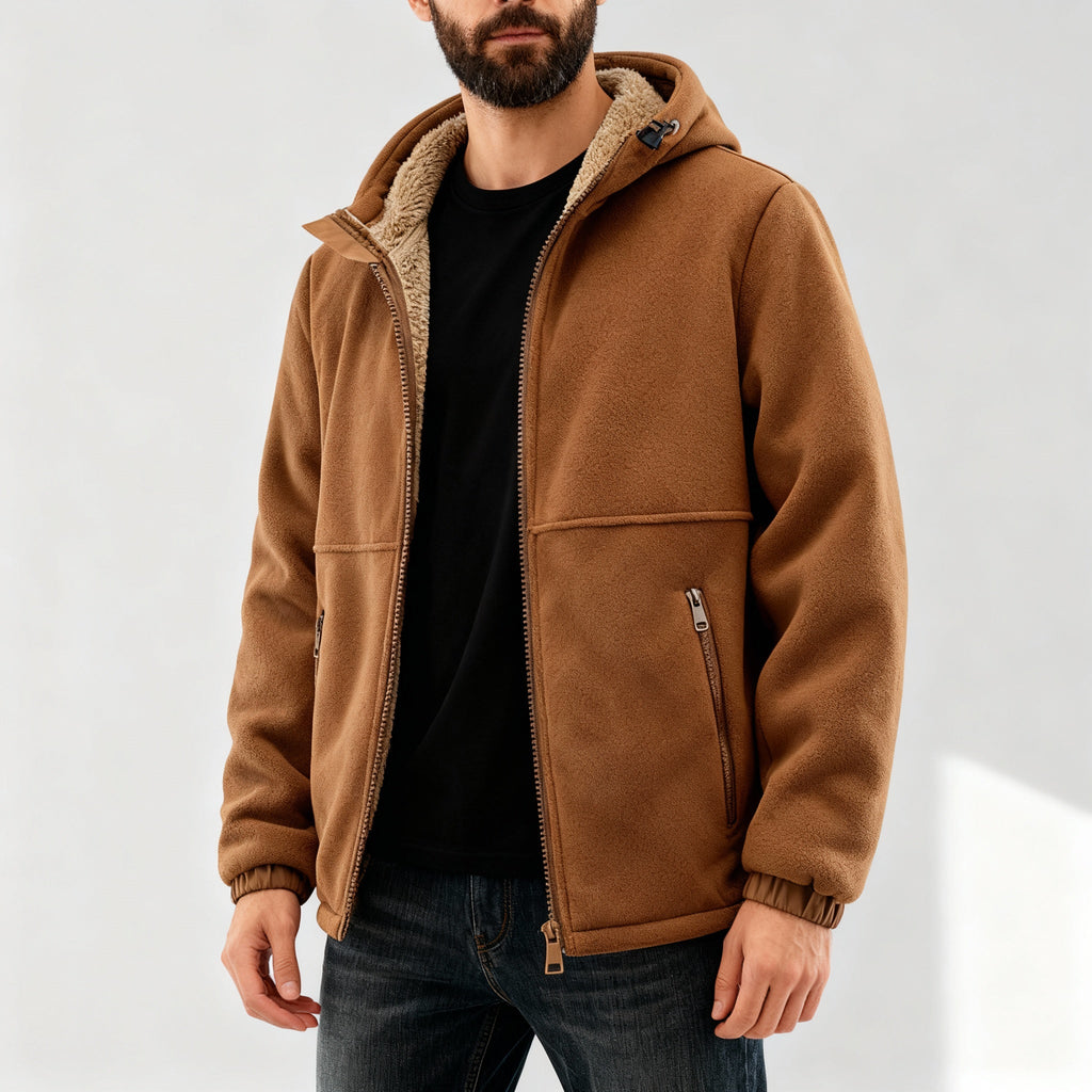 Man wearing a brown jacket with a sherpa-lined collar, front zip closure, side pockets, and relaxed fit.