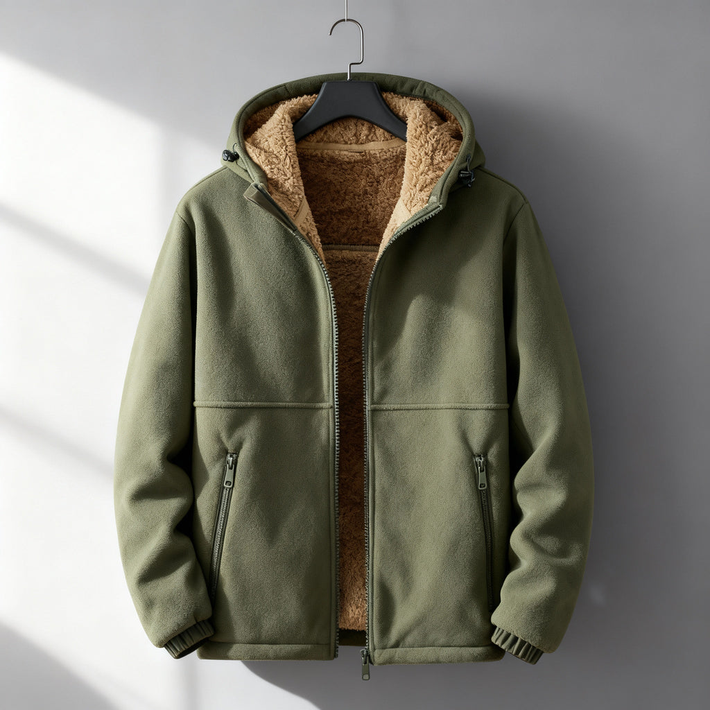 Olive green sherpa-lined jacket displayed on a hanger, featuring a zip-front closure, warm lining, long sleeves, and relaxed silhouette.