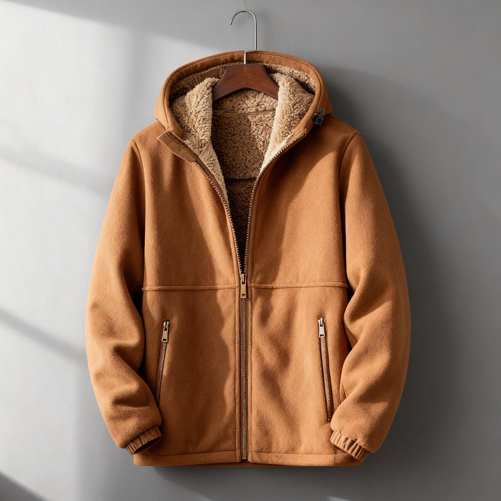 Brown sherpa-lined jacket displayed flat, featuring a front zip closure, plush inner lining, and long sleeves.