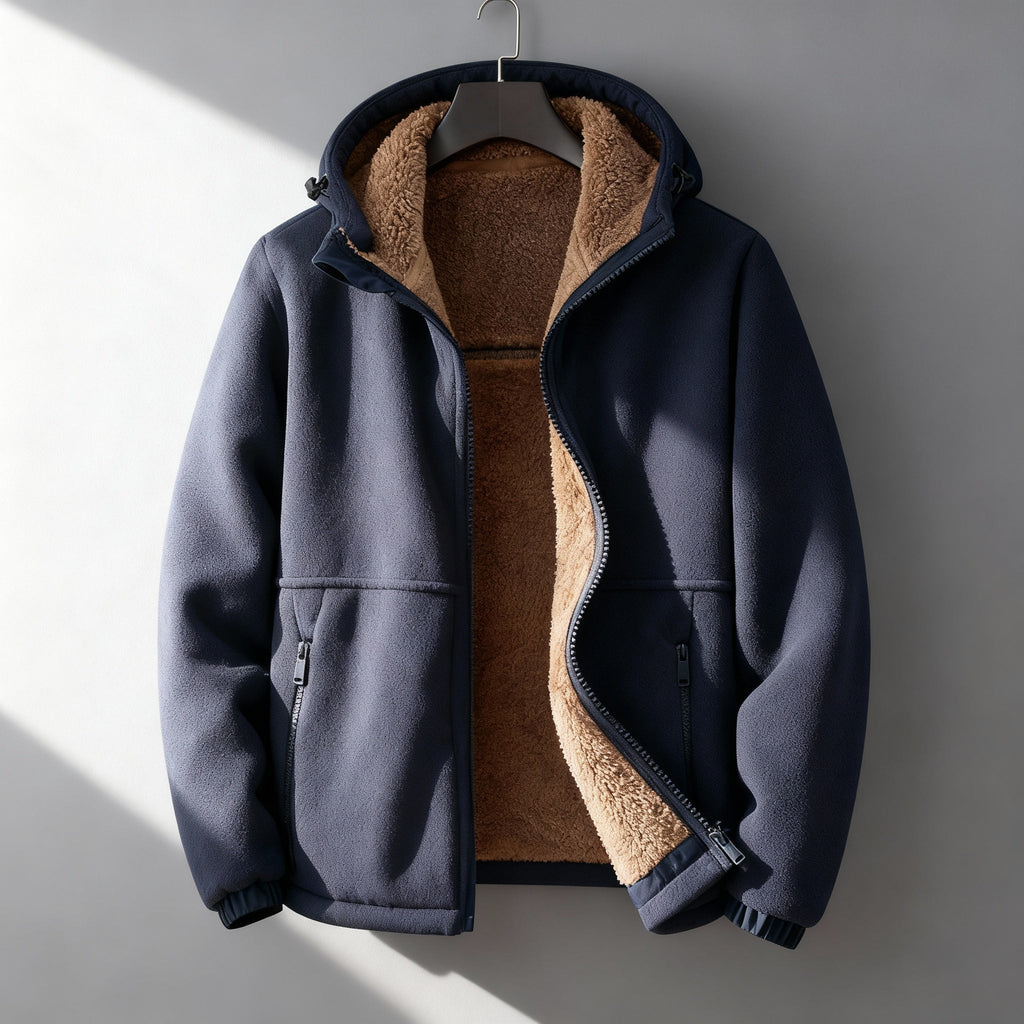 Navy blue sherpa-lined jacket displayed flat, showing the plush interior lining, front zip closure, and structured collar.