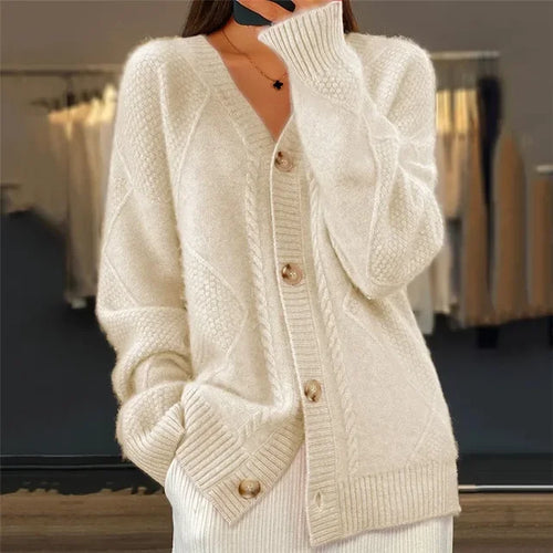 Aria Cable Knit Cardigan – V-Neck Button-Front Oversized Long Sleeve Sweater