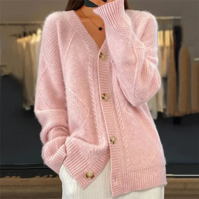 Aria Cable Knit Cardigan – V-Neck Button-Front Oversized Long Sleeve Sweater