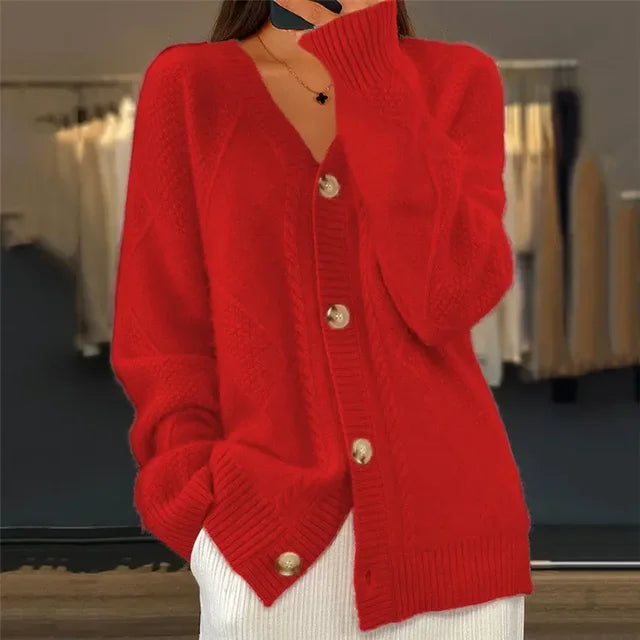 Aria Cable Knit Cardigan – V-Neck Button-Front Oversized Long Sleeve Sweater