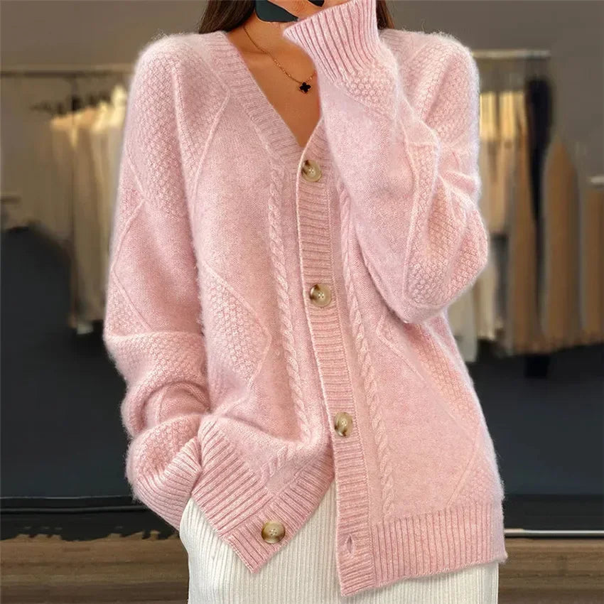 Aria Cable Knit Cardigan – V-Neck Button-Front Oversized Long Sleeve Sweater