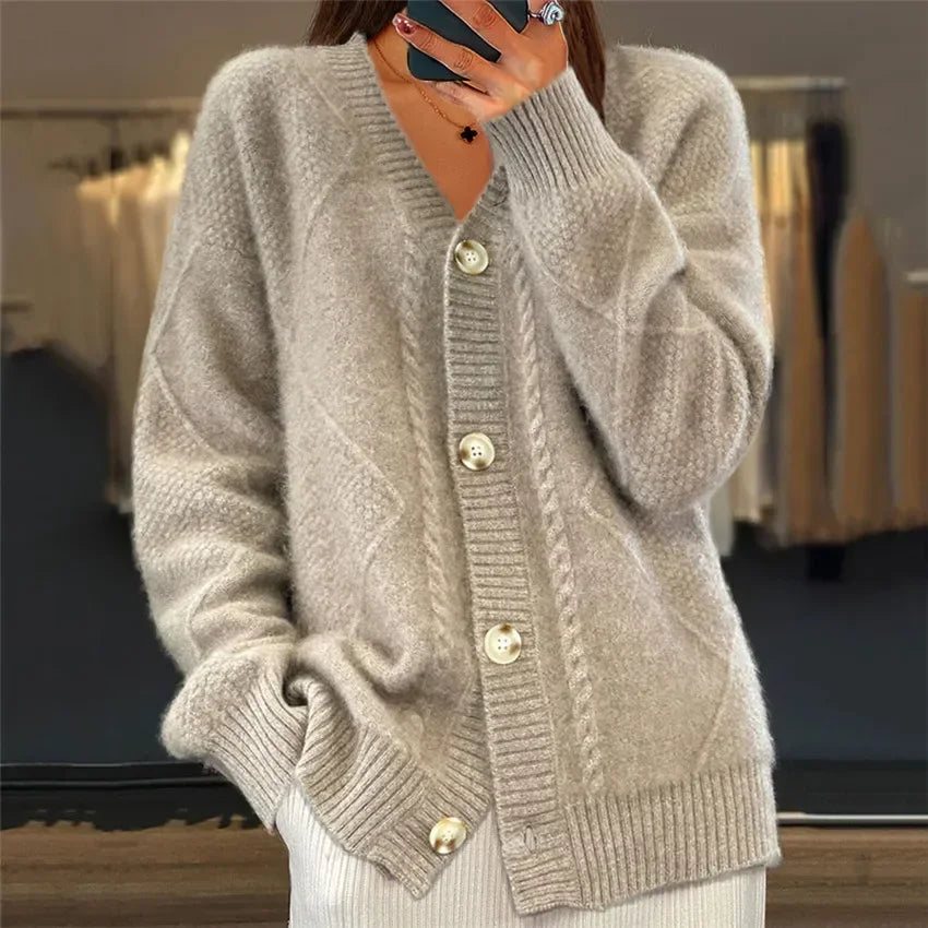 Aria Cable Knit Cardigan – V-Neck Button-Front Oversized Long Sleeve Sweater