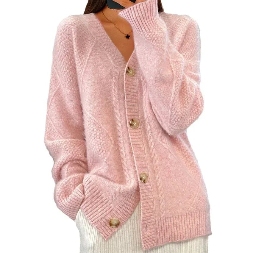 Aria Cable Knit Cardigan – V-Neck Button-Front Oversized Long Sleeve Sweater