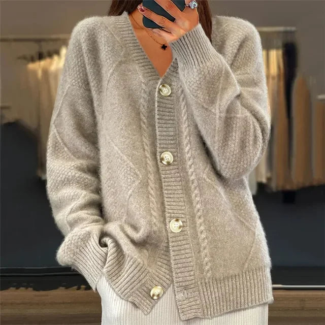 Aria Cable Knit Cardigan – V-Neck Button-Front Oversized Long Sleeve Sweater