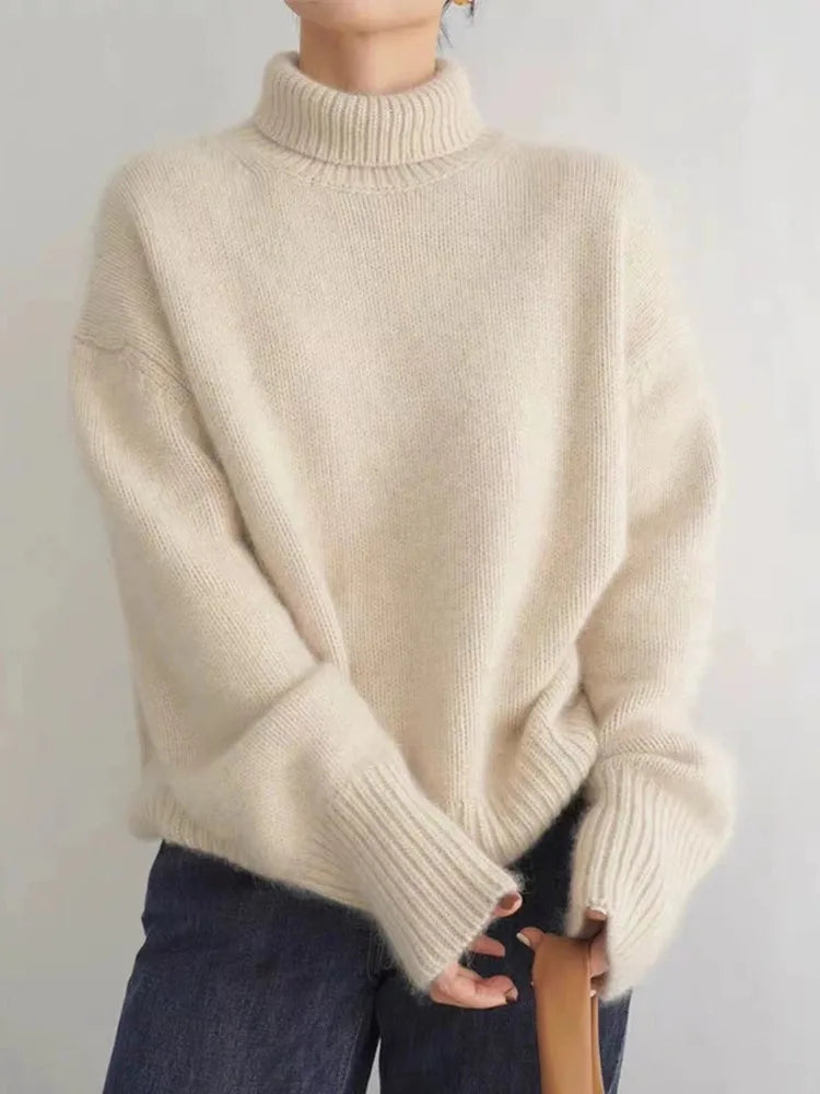 Aria Chunky Knit Turtleneck Sweater – Oversized Ribbed Dropped-Shoulder Pullover