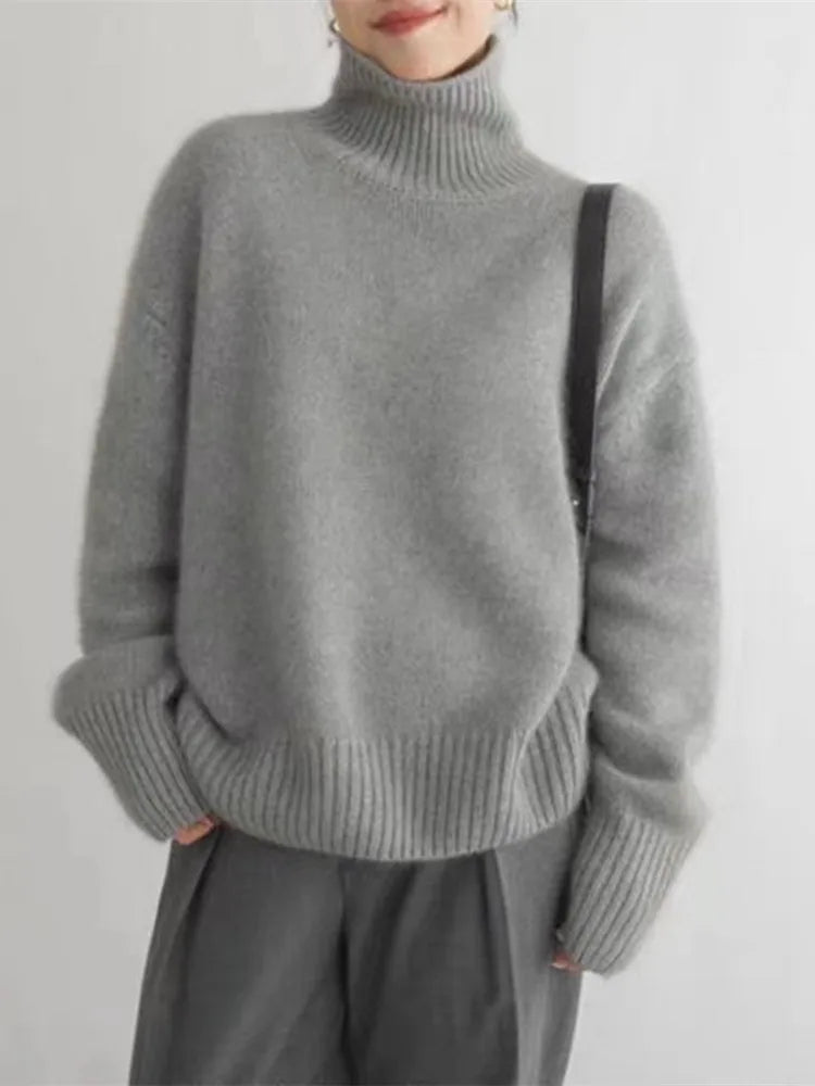 Aria Chunky Knit Turtleneck Sweater – Oversized Ribbed Dropped-Shoulder Pullover
