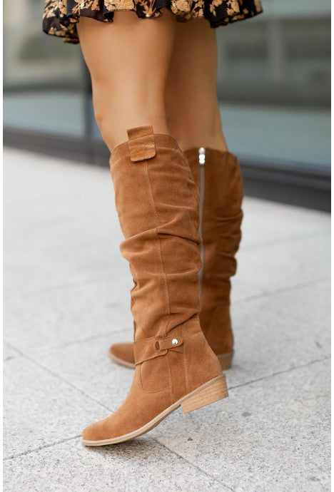 Aria Suede Knee-High Boots – Slouchy Ruched Side-Zip Stacked-Heel Footwear
