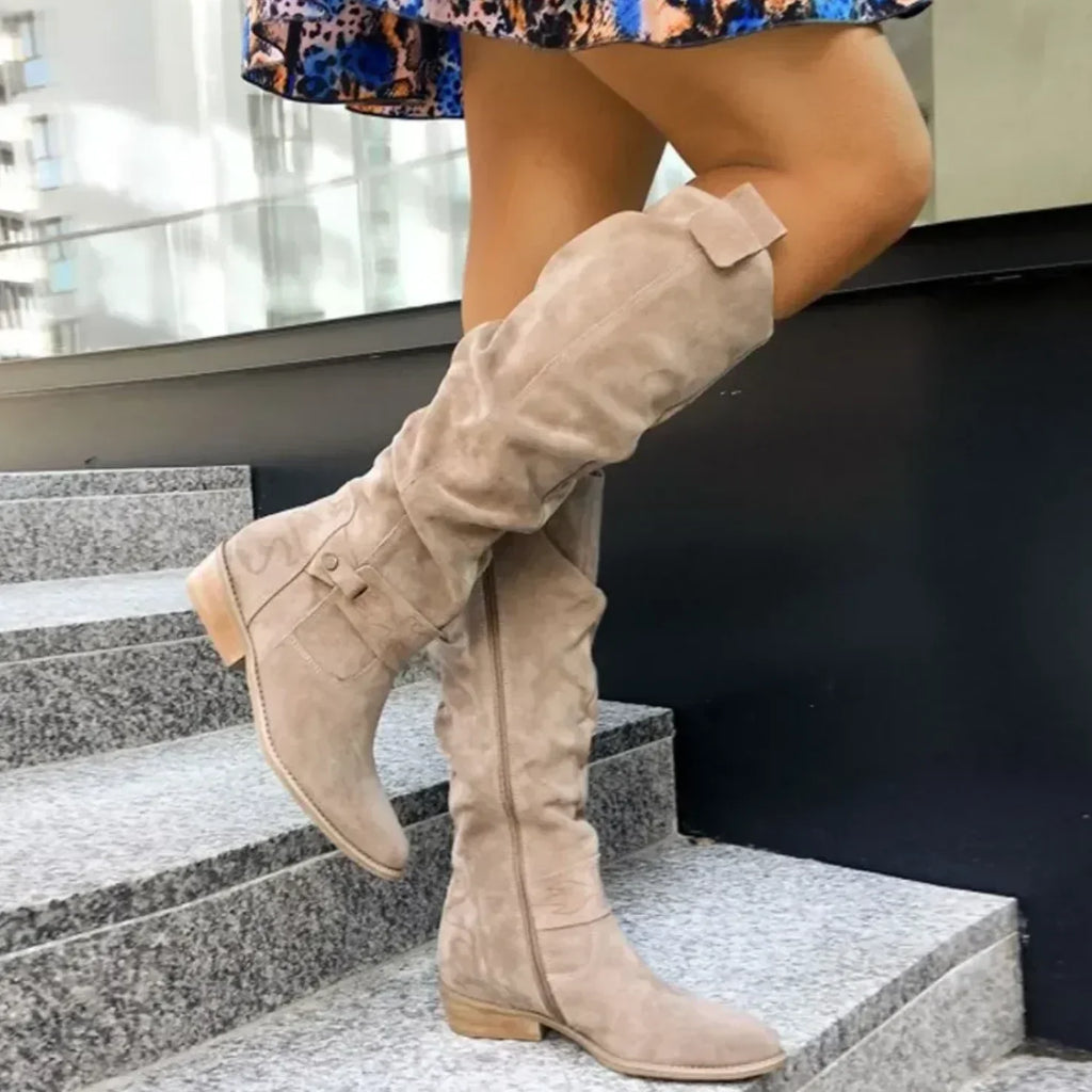 Aria Suede Knee-High Boots – Slouchy Ruched Side-Zip Stacked-Heel Footwear