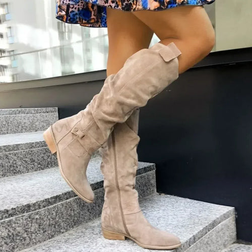 Aria Suede Knee-High Boots – Slouchy Ruched Side-Zip Stacked-Heel Footwear