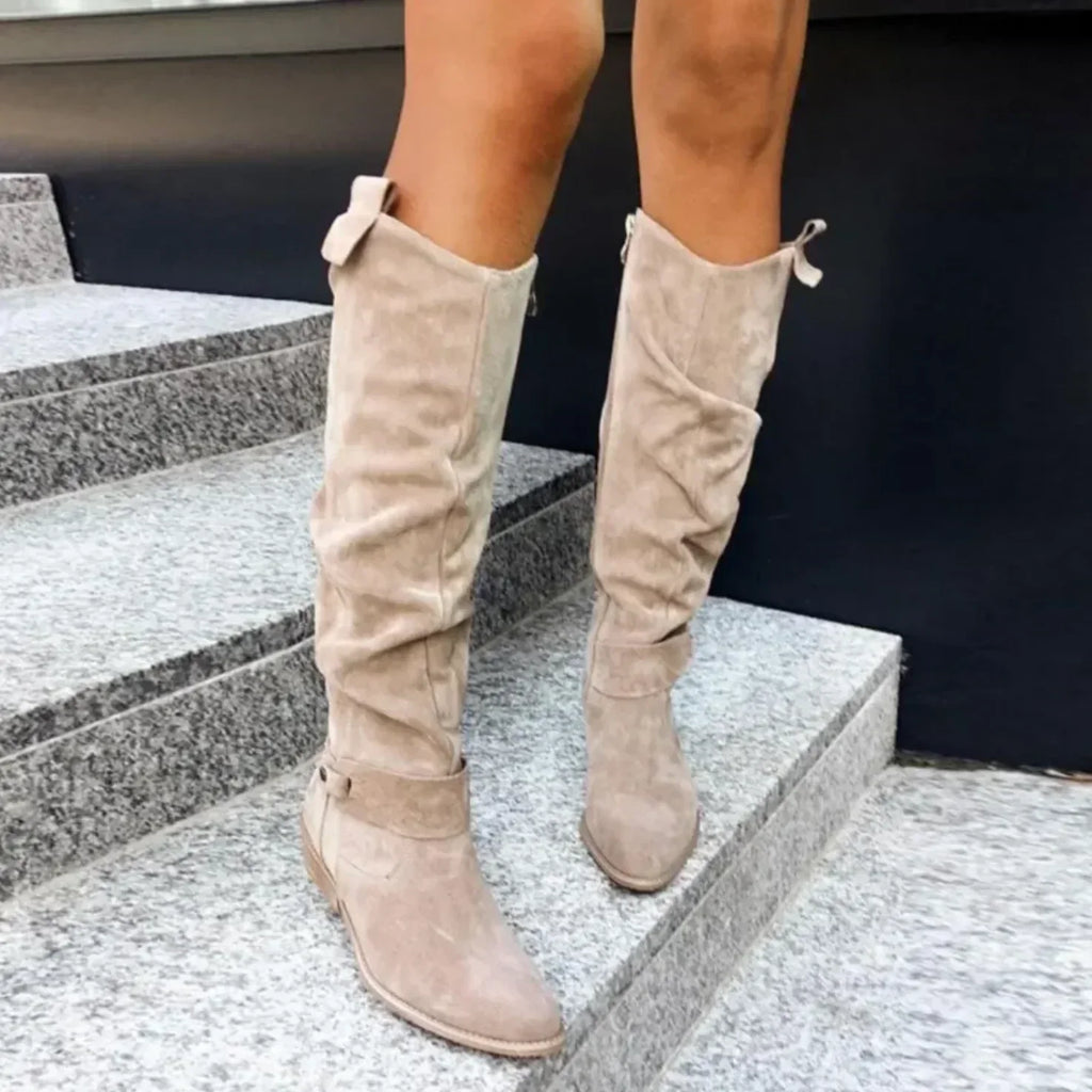 Aria Suede Knee-High Boots – Slouchy Ruched Side-Zip Stacked-Heel Footwear