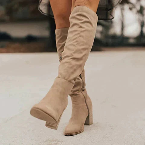 Aria Suede Knee-High Boots – Slouchy Ruched Side-Zip Stacked-Heel Footwear