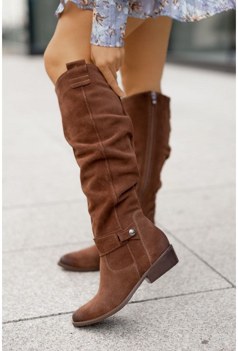Aria Suede Knee-High Boots – Slouchy Ruched Side-Zip Stacked-Heel Footwear