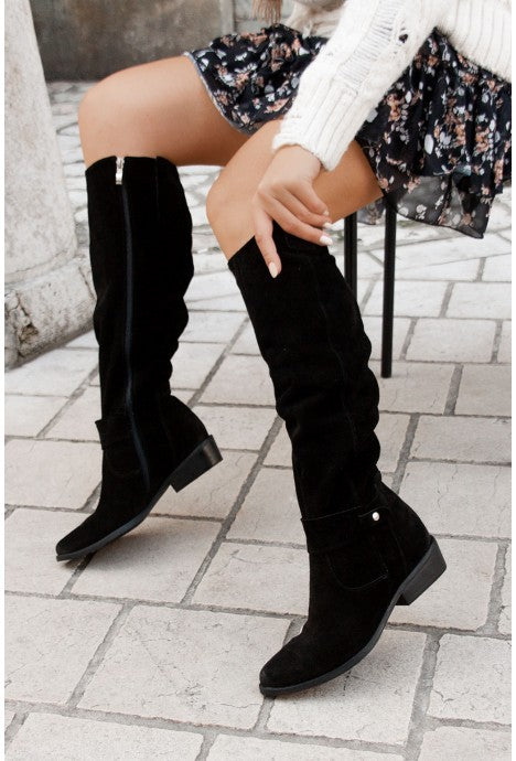 Aria Suede Knee-High Boots – Slouchy Ruched Side-Zip Stacked-Heel Footwear