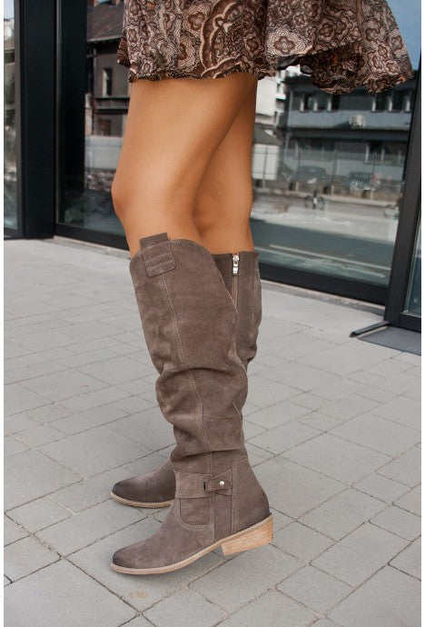 Aria Suede Knee-High Boots – Slouchy Ruched Side-Zip Stacked-Heel Footwear