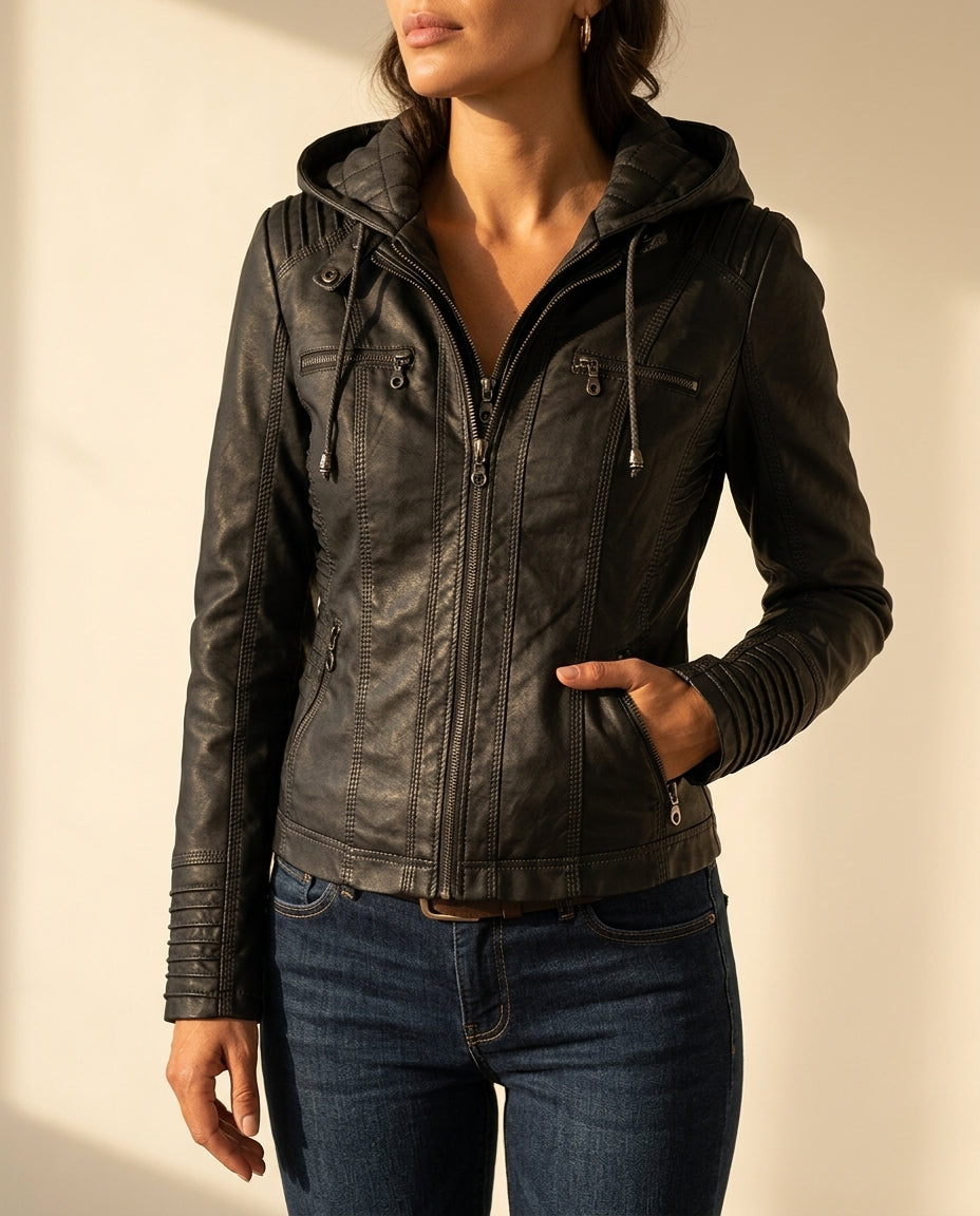 Woman modeling the Aria black leather moto jacket with hood, zip-front closure, and fitted silhouette