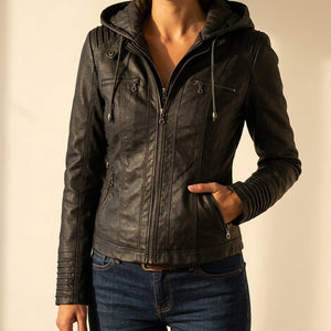 Aria Full-Grain Leather Moto Jacket – Armored Shoulder Zip-Front Urban Outerwear - Black