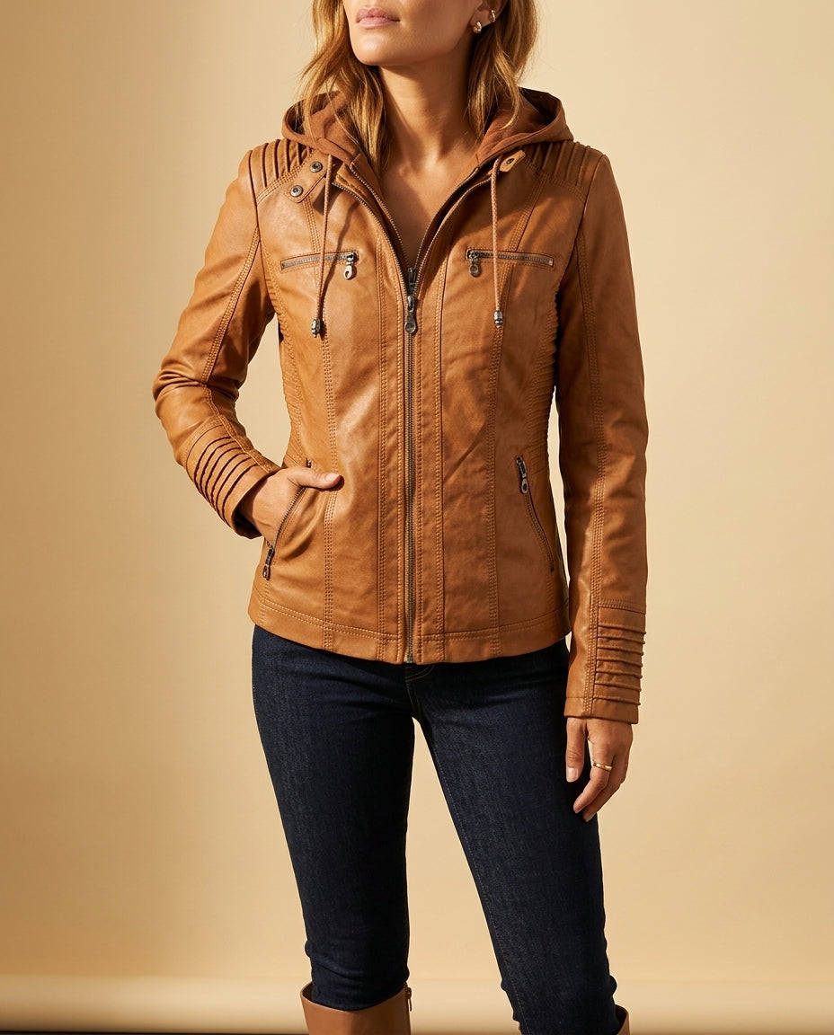Woman modeling the Aria cognac leather moto jacket with hood and zip-front closure, front view