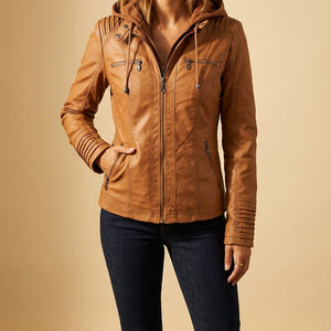 Aria Full-Grain Leather Moto Jacket – Armored Shoulder Zip-Front Urban Outerwear - Bro
