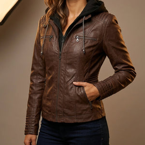 Aria Full-Grain Leather Moto Jacket – Armored Shoulder Zip-Front Urban Outerwear - Dark Brown