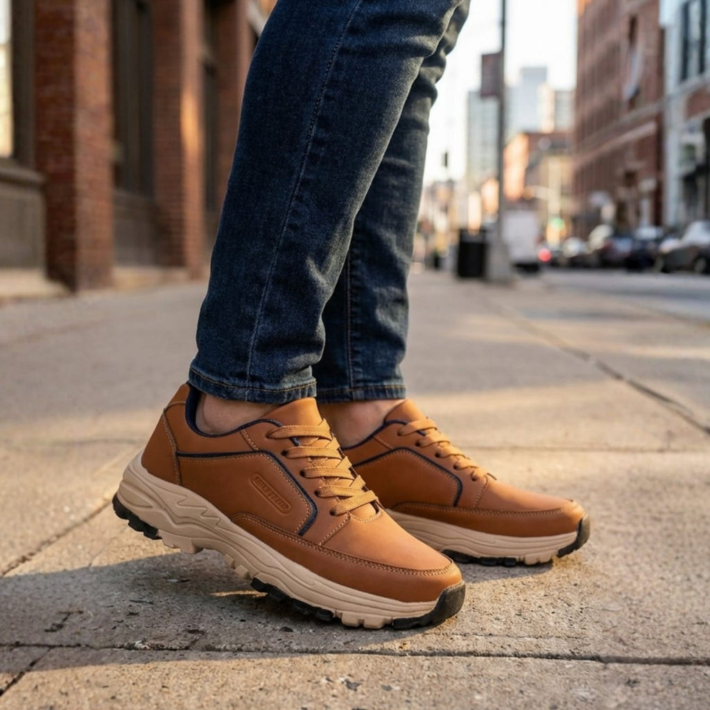 Man wearing tan leather Arnold trainers with dark jeans, standing on a city sidewalk near brick buildings