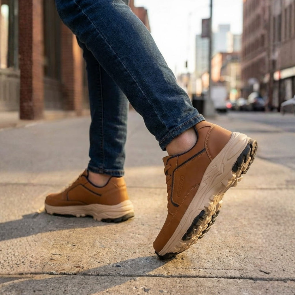 Man walking down a city sidewalk in tan leather Arnold trainers and dark jeans, mid-stride with one foot lifted