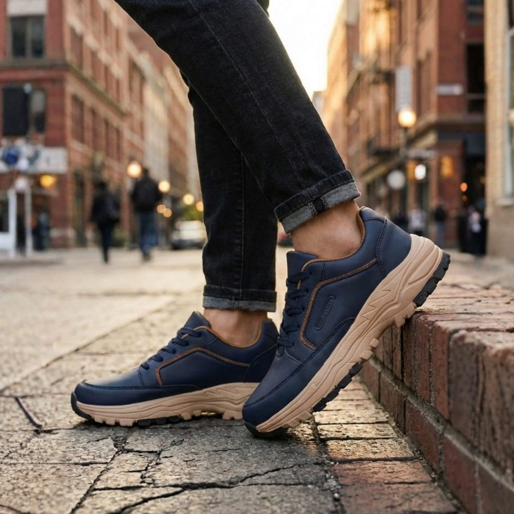 Man wearing navy blue Arnold trainers with cuffed jeans, standing on a cobblestone city street lined with brick buildings