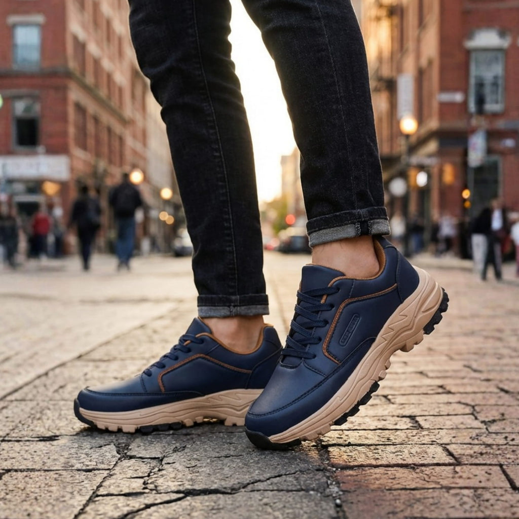 Man walking down a cobblestone street in navy blue Arnold trainers and cuffed jeans, mid-stride with one foot lifted