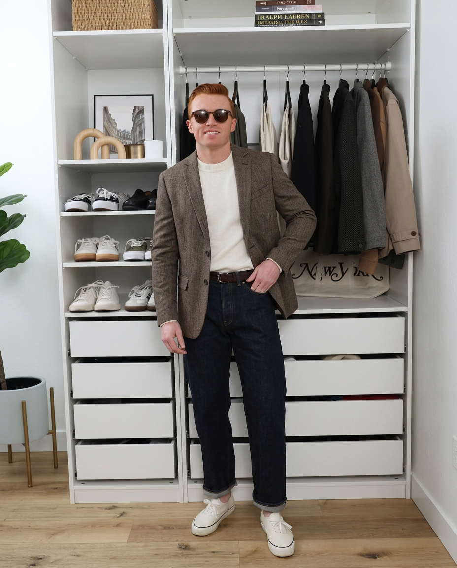 Man wearing a brown tweed blazer with a notched lapel, dark trousers, and white sneakers in a modern dressing room.
