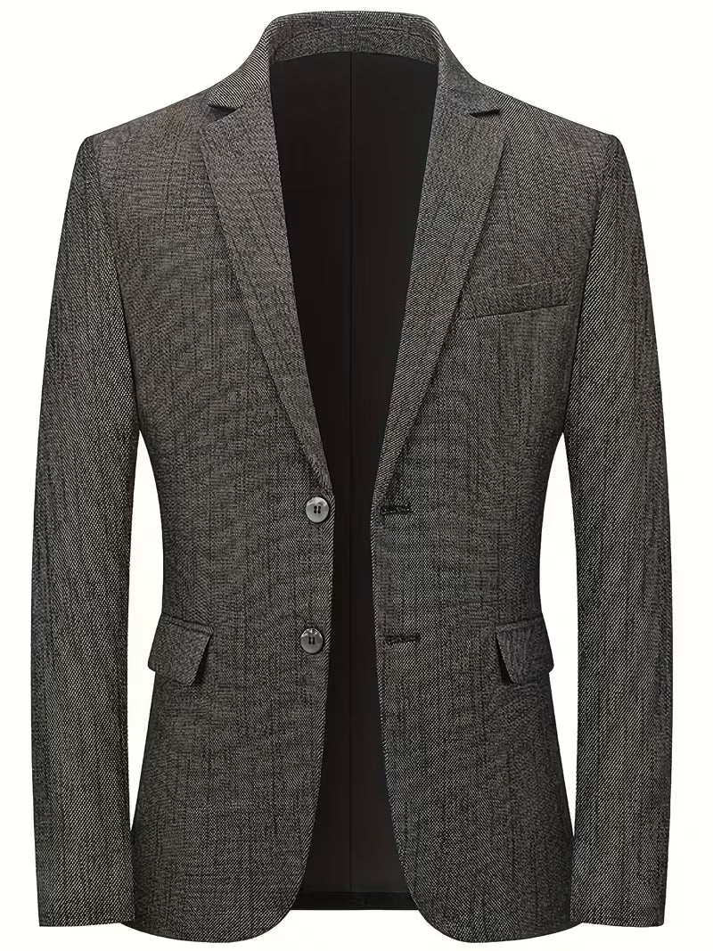 Men's brown tweed blazer with a classic notched lapel, two-button front, flap pockets, and structured tailored silhouette.