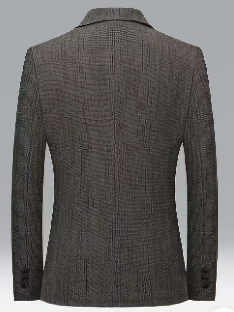 Back view of a men's brown tweed blazer featuring a tailored fit, center back seam, and classic long-sleeve design.