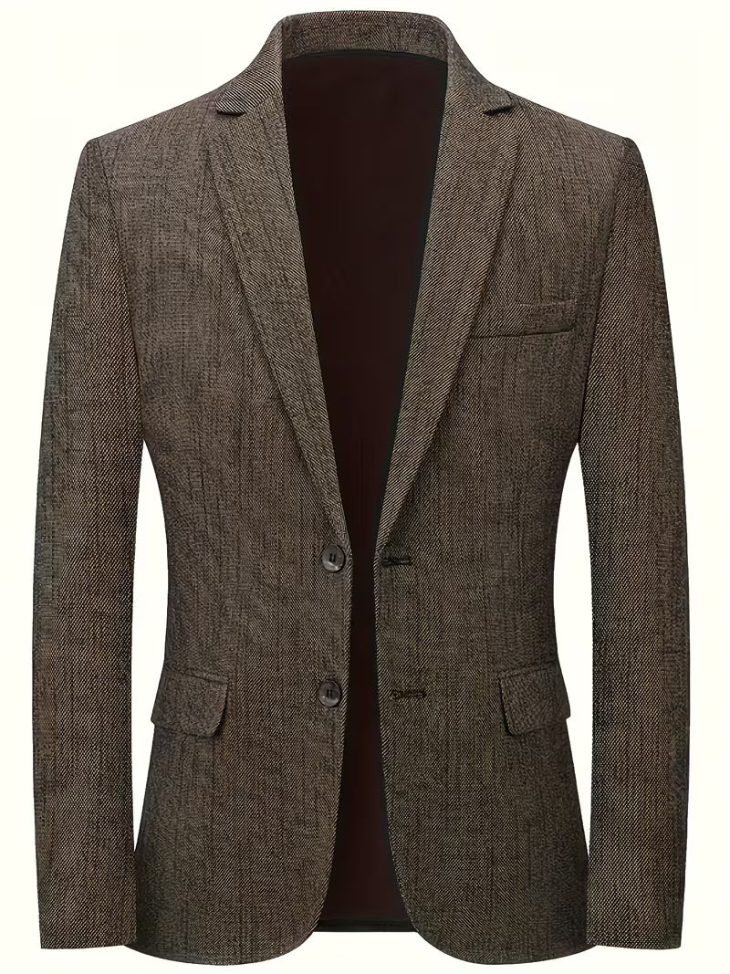 Men's brown tweed blazer featuring a notched lapel, two-button closure, flap pockets, chest welt pocket, and a tailored fit.