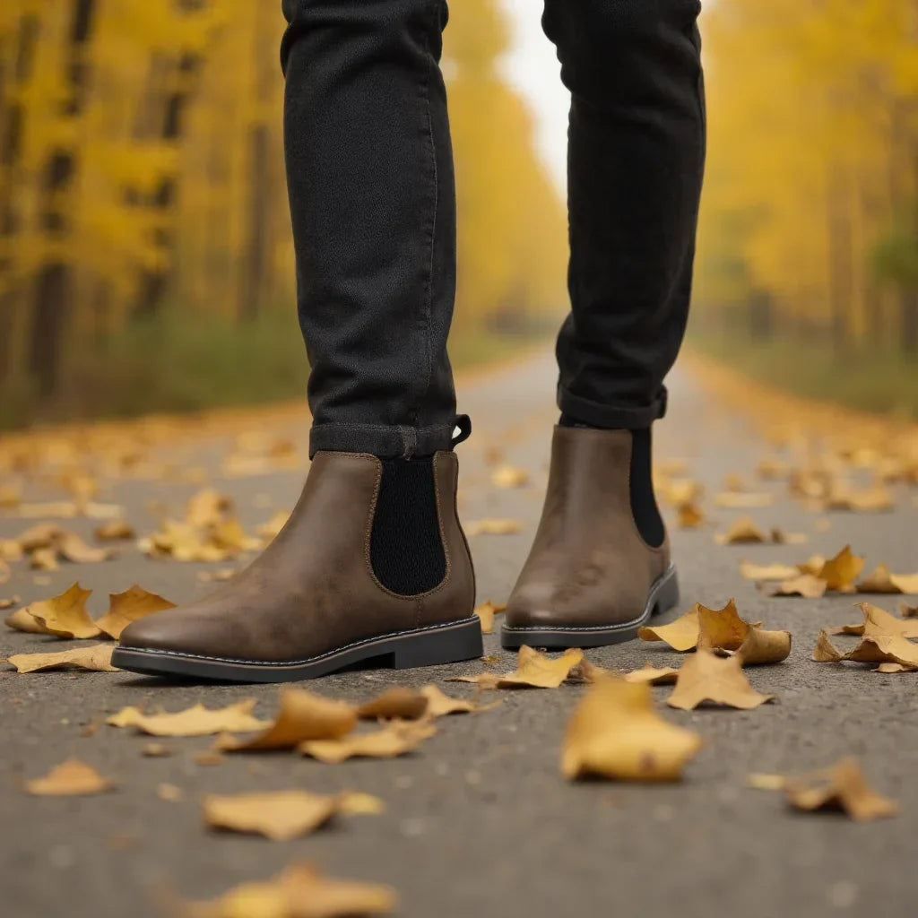 A model's feet in cuffed dark jeans wearing taupe leather Chelsea boots, standing front-facing on a leaf-covered path lined with autumn trees.