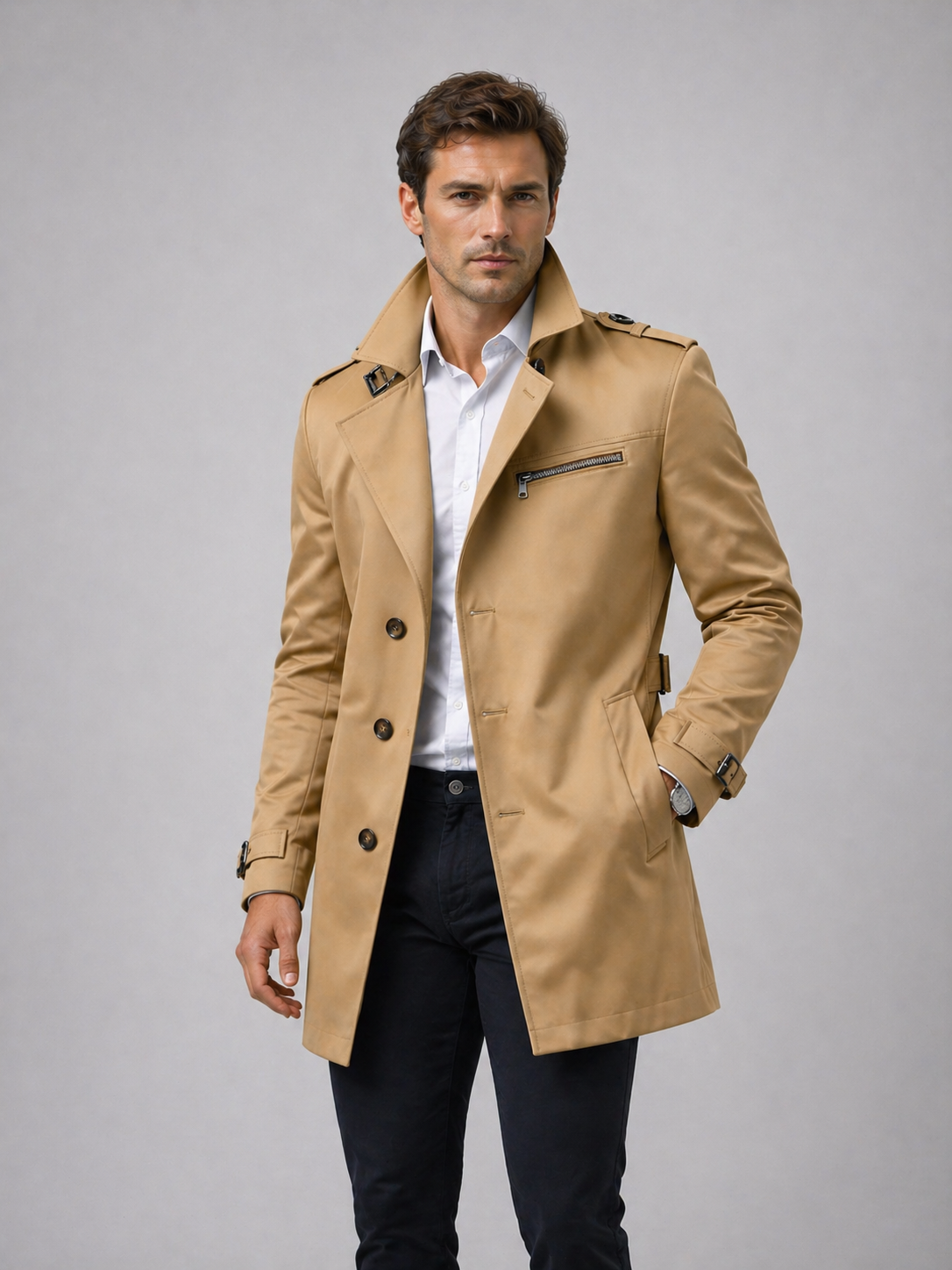 Beige double-breasted trench coat in structured cotton with lapel collar, shoulder epaulettes, and belted waist.