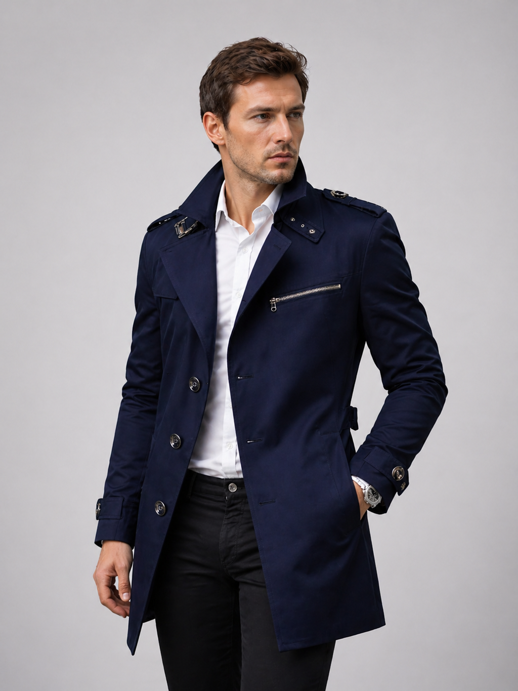 Navy blue double-breasted trench coat with structured lapels, shoulder epaulettes, and a belted waist over a white shirt.