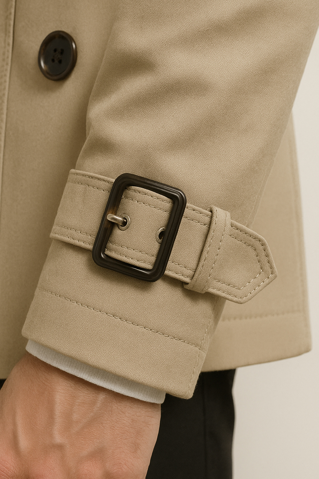Beige trench coat sleeve featuring a structured cuff strap with a dark tortoiseshell buckle and clean topstitching.
