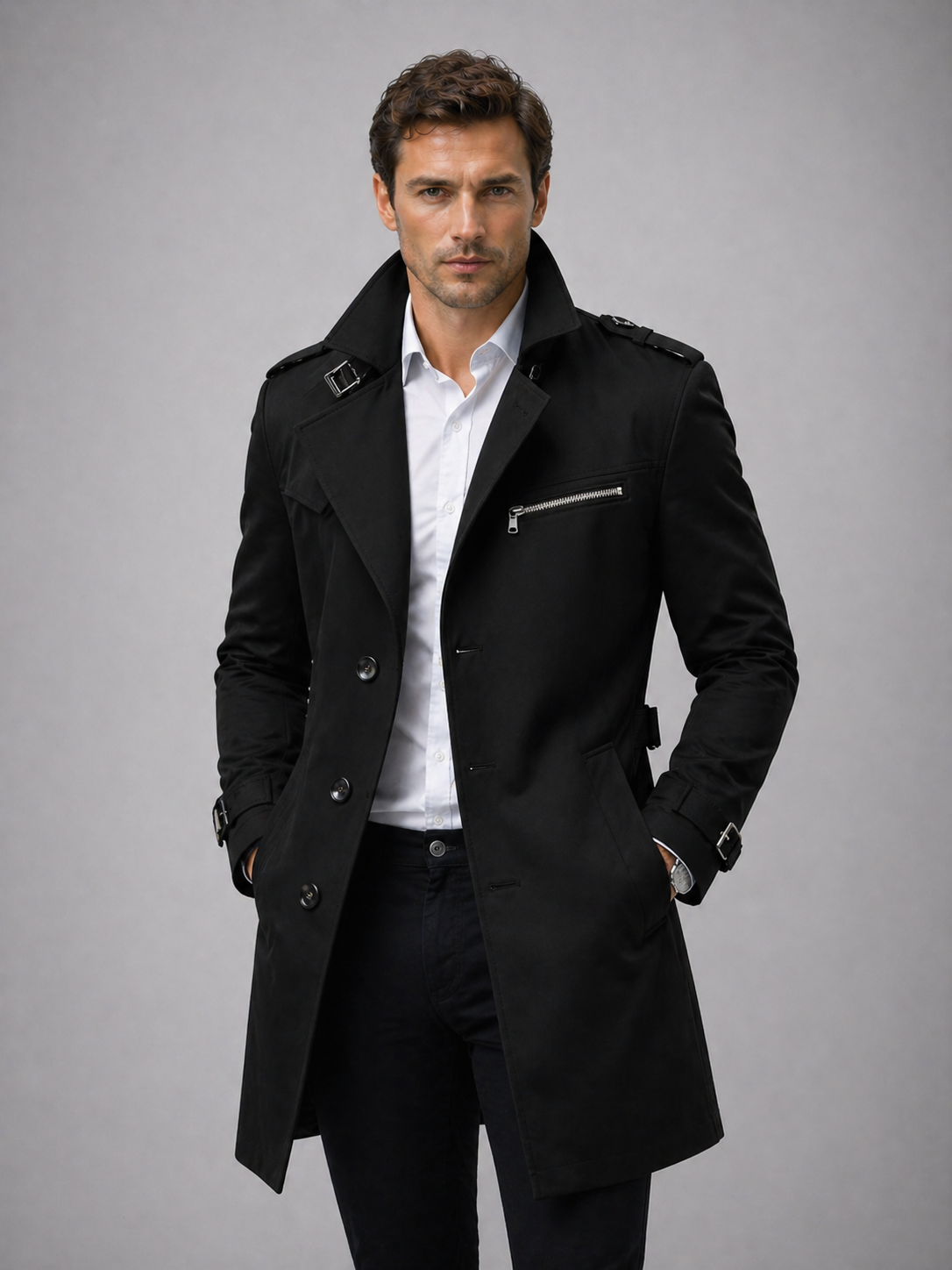 Black double-breasted longline trench coat with shoulder epaulettes, structured lapels, and a belted waist.