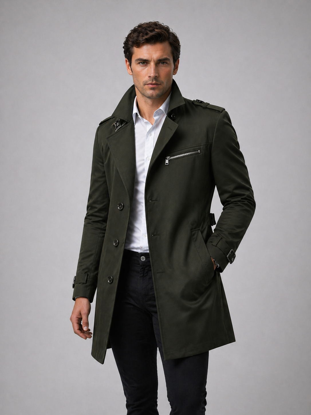 Black longline trench coat with a structured collar, double-breasted button front, and shoulder epaulettes.