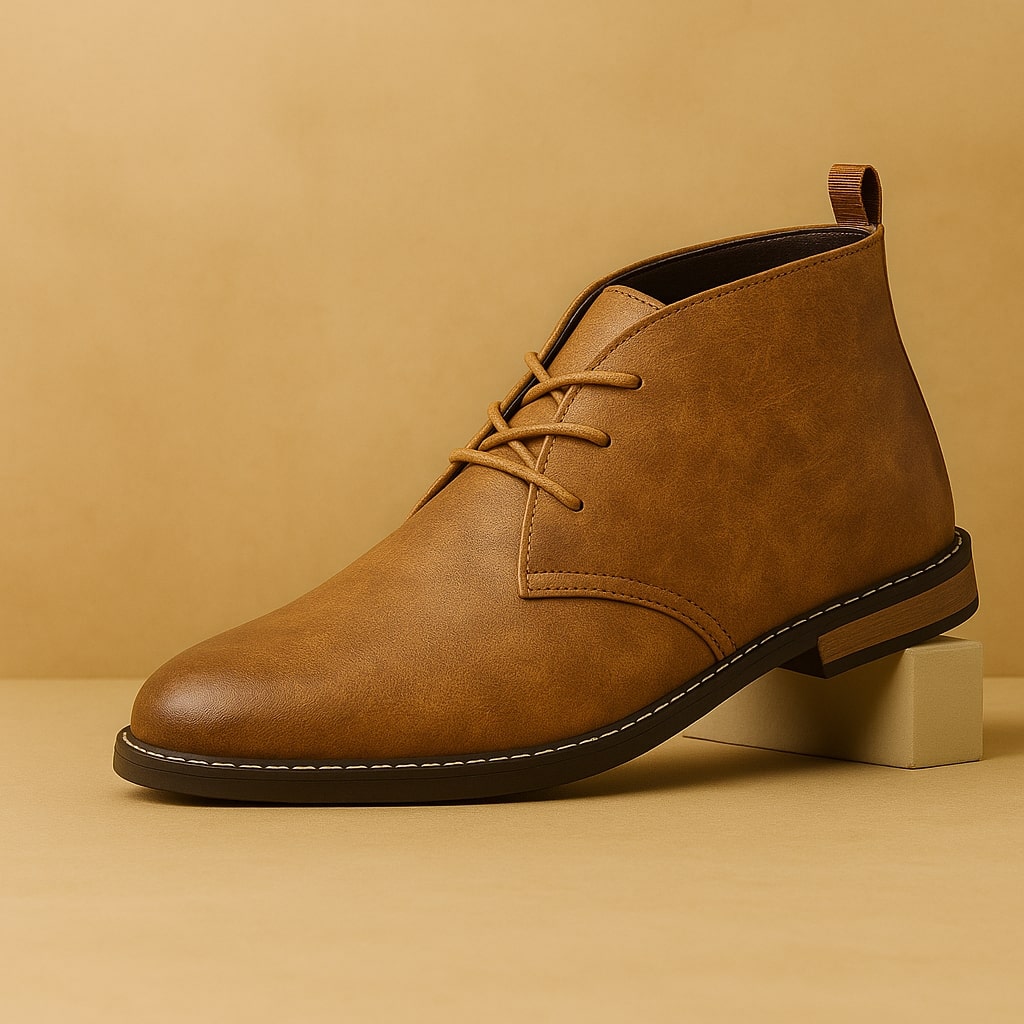 Single light tan leather Benjamin chukka boot with contrast white stitching, propped against a wooden block on tan backdrop