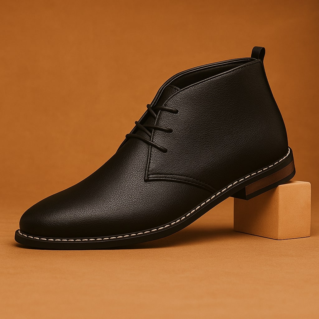 Single black leather Benjamin chukka boot with white stitched sole, propped against a wooden block on orange backdrop