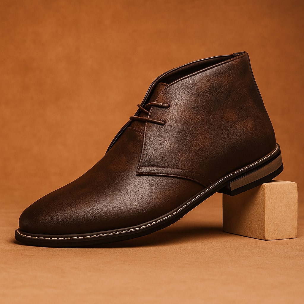 Single dark brown leather Benjamin chukka boot with contrast stitching, propped against a wooden block on orange backdrop